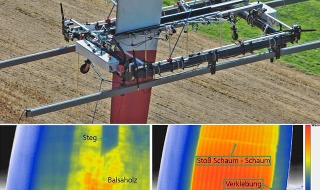An Seilen wird eine Messplattform am Rotorblatt abgelassen. Ihre Wärmebildkameras machen die innere Struktur des Blattes sichtbar